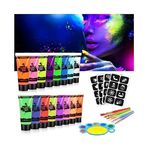 AOOWU Peinture Visage Corps Kit 19PCS, Peinture Corporelle, 8 * 10 ml UV Glow tubes de peinture fluorescente pour le visage e