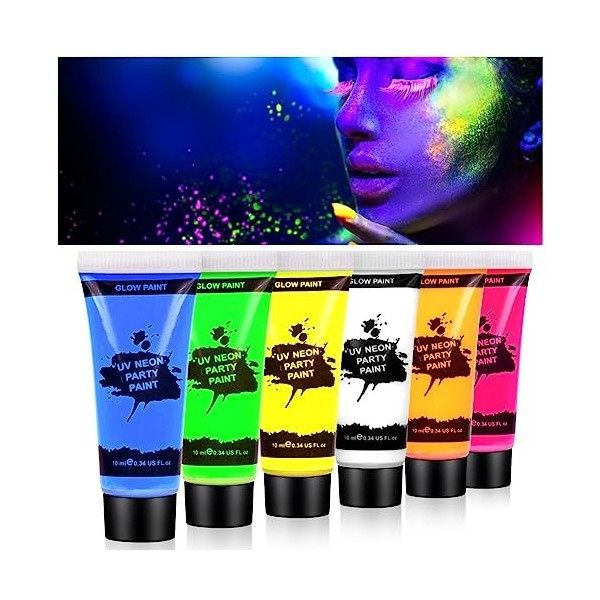 AOOWU Peinture Visage Corps Kit 19PCS, Peinture Corporelle, 8 * 10 ml UV Glow tubes de peinture fluorescente pour le visage e