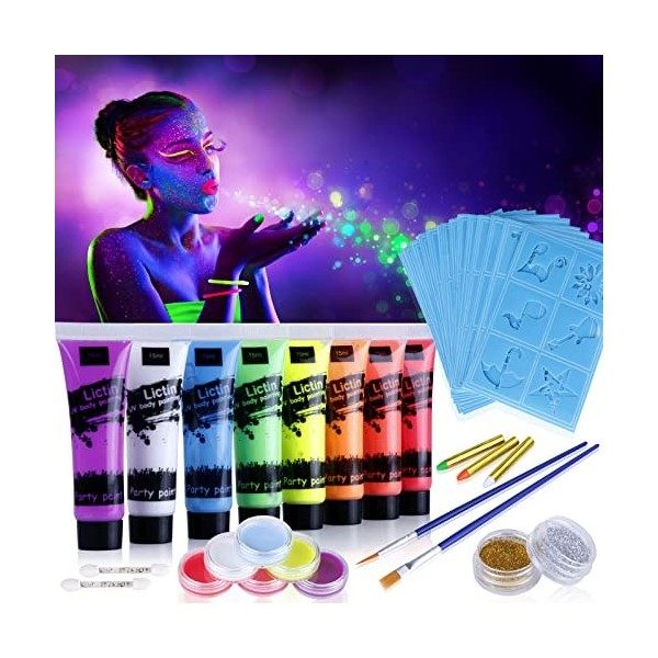 Lictin 8 x Peinture Corporelle-Kit de Peinture fluorescente UV Non Toxique  Neon Avec 6*5,5g de face painting palette, 2*poudr