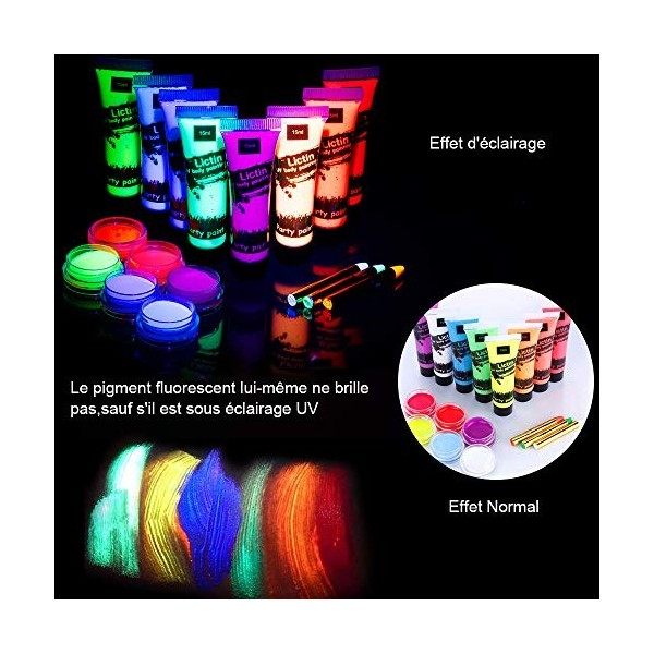 Lictin 8 x Peinture Corporelle-Kit de Peinture fluorescente UV Non Toxique Neon Avec 6*5,5g de face painting palette, 2*poudr