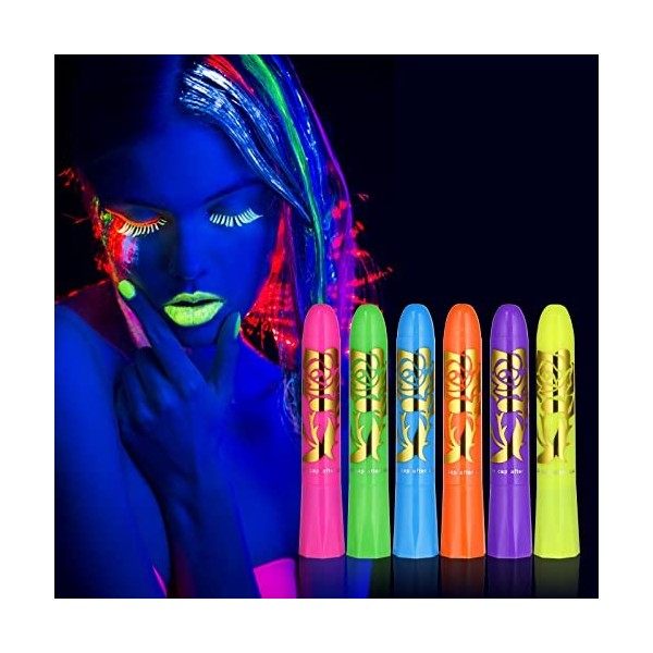 AOOWU Peinture Fluorescents UV, 6 Crayons De Peinture UV Néon Pour Le Visage Et Le Corps, Lavables Non Toxiques Bâton de Pein