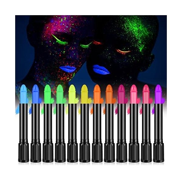AOOWU Peinture Fluorescents UV, 6 Crayons De Peinture UV Néon Pour Le Visage Et Le Corps, Lavables Non Toxiques Bâton de Pein