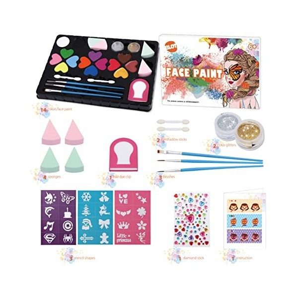 BLOT Palette de Maquillage Enfants 14 Couleurs Lavable Peinture de Visage avec Pinceaux et Pochoirs Kit de Maquillage Fête No