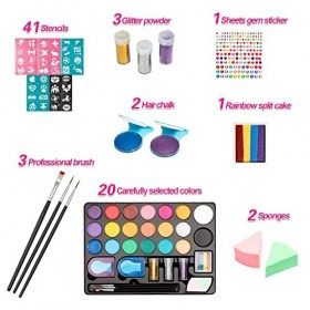 Maydear Kit de peinture faciale pour enfants avec 20 couleurs de peintures perlées sûres et non toxiques, 41 pochoirs, 3 pinc