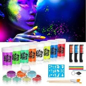Creamify Peinture Corporelle Kit 24PCS - 8 Couleurs Peinture Fluorescente Body Painting, 8PCS Peinture Visage avec Craie Chev