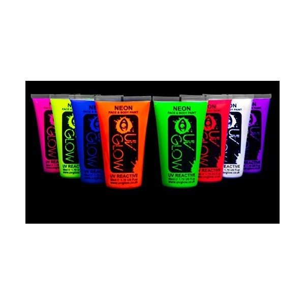 UV Glow Lot de 8 grand 50ml tubes de peinture fluorescente pour le visage et le corps 8 x 50 ml