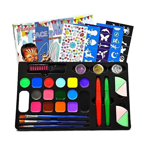 Palette de Maquillage Enfants, 16 Couleurs, avec brosses Paillettes éponges Pochoirs Autocollant Professionelle Gesichtsfarbe