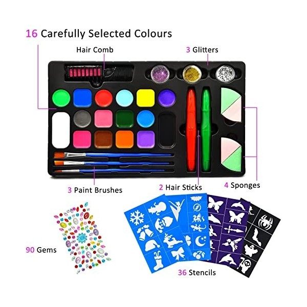 Palette de Maquillage Enfants, 16 Couleurs, avec brosses Paillettes éponges Pochoirs Autocollant Professionelle Gesichtsfarbe