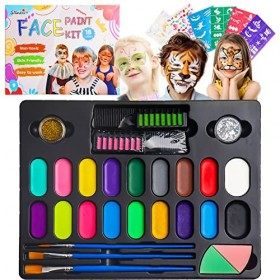 Palette Maquillage Enfant 20 Couleurs Peinture Visage avec Strass Paillettes Eponge de Maquillage Pochoirs Pinceau pour Le Ma
