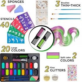 Palette Maquillage Enfant 20 Couleurs Peinture Visage avec Strass Paillettes Eponge de Maquillage Pochoirs Pinceau pour Le Ma