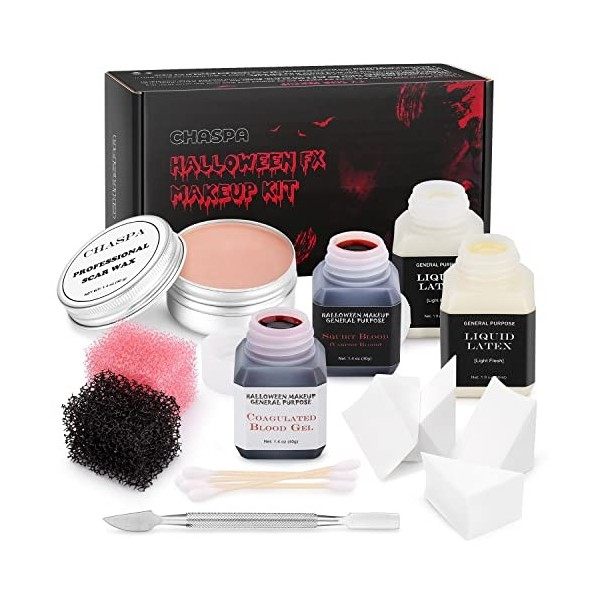 CHASPA Kit de maquillage en latex liquide SFX pour faux cicatrices - Cire de cicatrices + 2 Btl de latex liquide + 2 Btl de f