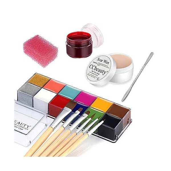 CCbeauty Kit de maquillage Halloween SFX 12 couleurs pour le visage et le corps + cire de cicatrices 47,4 g + gel sanguin c