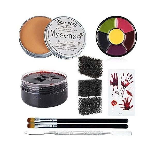 Mysense SFX Kit de maquillage à effet spécial pour corps, nez et cicatrices, zombies pour Halloween avec cire, peinture pour 