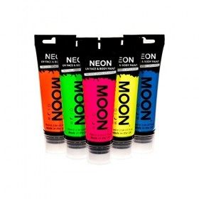 Moon Glow Grande Peinture fluo UV visage & corps. 75 ml - Assortiment de 5 couleurs avec applicateur éponge