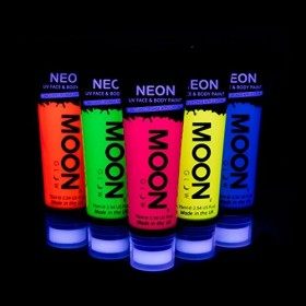 Moon Glow Grande Peinture fluo UV visage & corps. 75 ml - Assortiment de 5 couleurs avec applicateur éponge