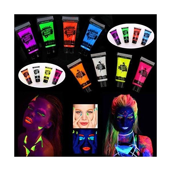 HOWAF Peinture Fluorescente pour Visage et Corps, Kit Maquillage Enfant, 14 Palette de Couleurs, Paillettes, Éponges, Pinceau