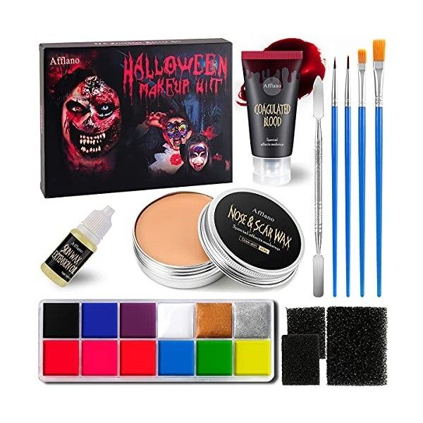 Afflano Maquillage Halloween Effets Spéciaux,Cire De Cicatrice+Faux Sang+Éponge Pointillés+Spatule+Pétrole+Visage Corps Peint