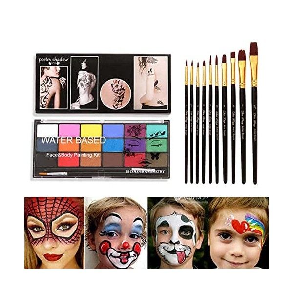 30 Couleurs Peinture Corporelle pour Le Visage, Palette de Maquillage pour Enfants,10 pinceaux,4pièces Pochoirs, 2 pièces Aut