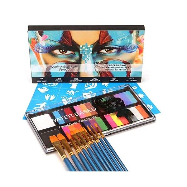 30 Couleurs Peinture Corporelle pour Le Visage, Palette de Maquillage pour Enfants,10 pinceaux,4pièces Pochoirs, 2 pièces Aut