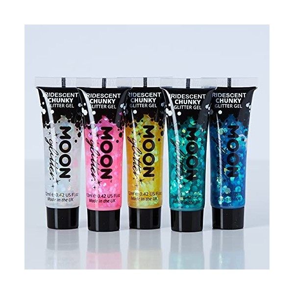 Gel Glitter Irisé pour le visage et le corps par Moon Glitter - 12ml - Pailleté pour visage - Assortiment de 5 couleurs