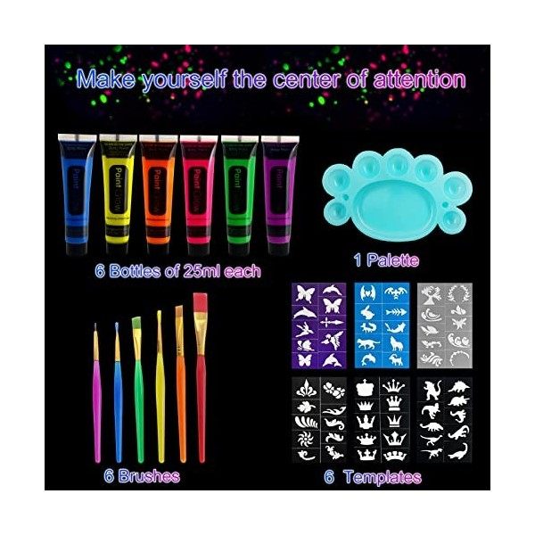 Lot de 19 pinceaux de maquillage UV - 6 x 25 ml - Couleurs fluorescentes - Pour le corps - Pour enfants - Lumière noire - Pou