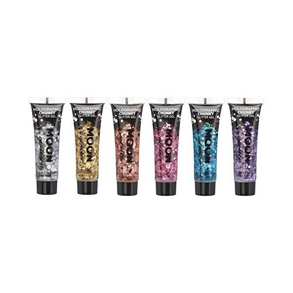 Gel chunky holographique paillettes pour le visage et le corps par Moon Glitter - 12ml - Assortiment de 6 couleurs - Pailleté