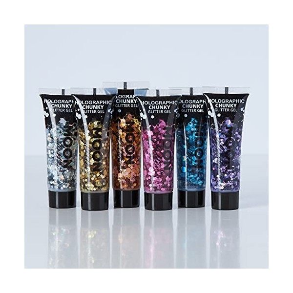 Gel chunky holographique paillettes pour le visage et le corps par Moon Glitter - 12ml - Assortiment de 6 couleurs - Pailleté