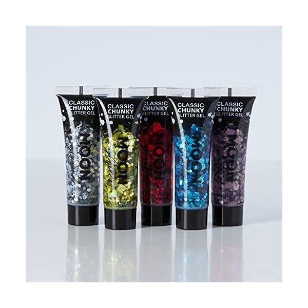 Gel brillant épais classique par Moon Glitter - 12ml - Pailleté pour visage - Assortiment de 5 couleurs