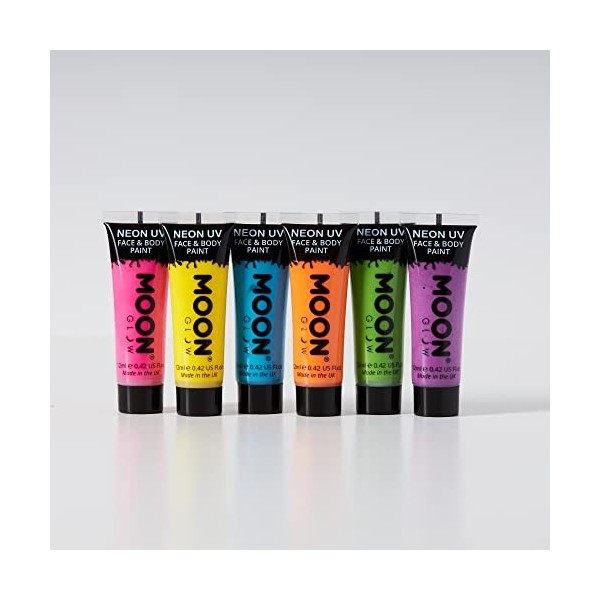 Moon Glow- Couleurs intenses néon UV pour le visage et le corps – Comprend un porte-clés UV, rose, orange, jaune, vert, bleu,