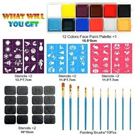 Visage Corps Peinture avec 12 couleurs Visage Peinture à Lhuile, 10 Pinceaux, 8 Pochoirs, Kit Peinture Corporelle pour Hallo