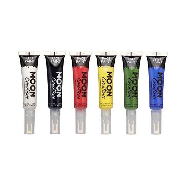 Peinture pour Le Visage et Le Corps avec Un Pinceau de Moon Creations - 15ml - 6 Couleurs primaires