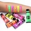 JasCherry Lot de 8 Tubes de Peinture Fluorescente pour Visage et Corps, UV Maquillage Fluo avec 10 Pinceaux, 1 Palette, pour 