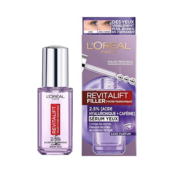 LOréal Paris - Sérum Contour des Yeux - Anti-Rides , Anti-Poches & Anti-Cernes - À lAcide Hyaluronique Pur et à la Caféine C...