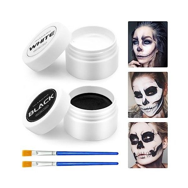 Peinture Corporelle Noir et Blanc avec 2 Pinceaux de Maquillage - Peinture Visage Noir Blanc Maquillage Clown Halloween Makeu