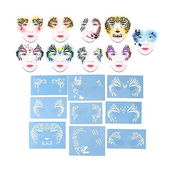 9pcs Kit de Pochoirs de Peinture de Visage Ensemble de Peinture de Corps Modèle de Peinture Lavable Outil de Beauté de Maquil