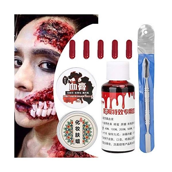 Kit de maquillage Halloween, faux plasma et maquillage, crème à la cire et au sang, capsule et spatule, ensemble doutils à e