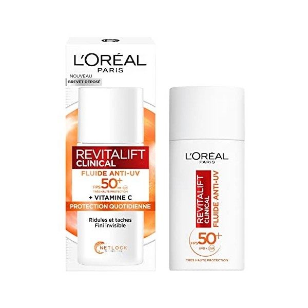 L’Oréal Paris - Fluide Anti-UV FPS 50+ Vitamine C + Vitamine E + Acide Hyaluronique - Taches, Rides & Teint Irrégulier - Fini...