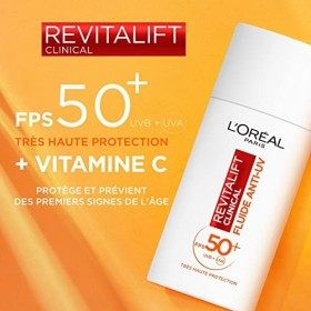 L’Oréal Paris - Fluide Anti-UV FPS 50+ Vitamine C + Vitamine E + Acide Hyaluronique - Taches, Rides & Teint Irrégulier - Fini