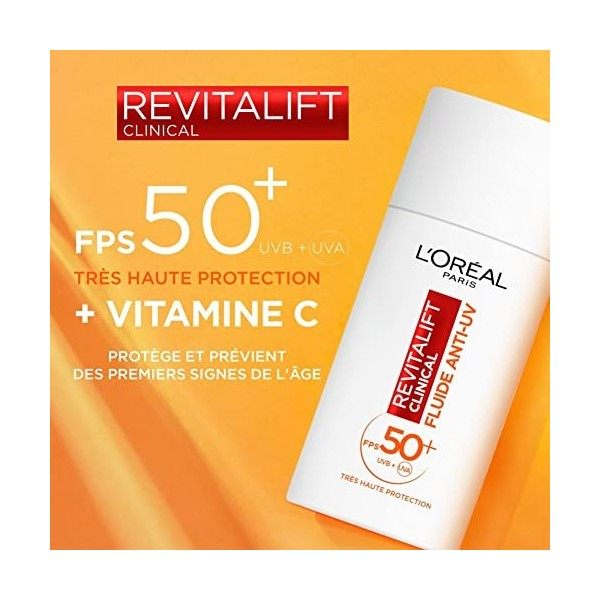 L’Oréal Paris - Fluide Anti-UV FPS 50+ Vitamine C + Vitamine E + Acide Hyaluronique - Taches, Rides & Teint Irrégulier - Fini...