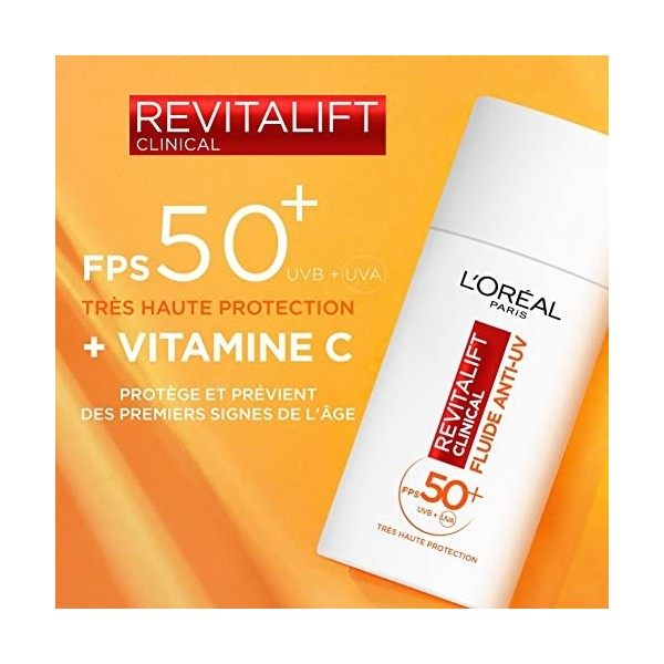 L’Oréal Paris - Fluide Anti-UV FPS 50+ Vitamine C + Vitamine E + Acide Hyaluronique - Taches, Rides & Teint Irrégulier - Fini