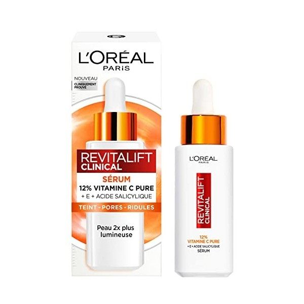 L’Oréal Paris – Sérum 12% Vitamine C Pure + Acide Salicylique + Vitamine E – Antioxydant & Anti-Âge – Teint irrégulier, Pores