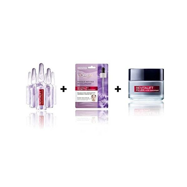 LOréal Paris - Revitalift Filler - Coffret Routine Anti-Âge Revolumisante - À lAcide Hyaluronique Pur - Cure Ampoules 7 Jou C...