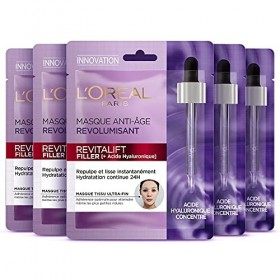 LOréal Paris - Coffret 5 Masques Tissus Visage au Sérum Anti-Rides Revolumisant - Anti-Age & Repulpant - À lAcide Hyaluroni C...