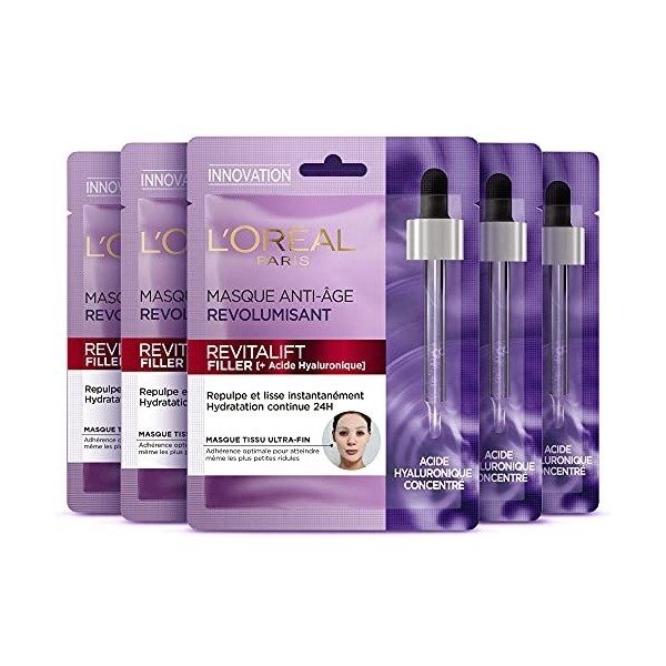 LOréal Paris - Coffret 5 Masques Tissus Visage au Sérum Anti-Rides Revolumisant - Anti-Age & Repulpant - À lAcide Hyaluroni C...