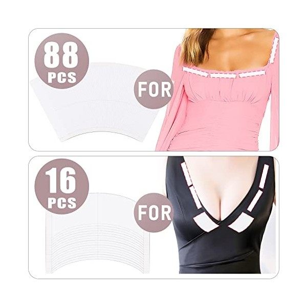104pcs adhésif double face peau pour vêtements et robes, body tape transparent pour tenue,avec des Bandes Longues et en Forme