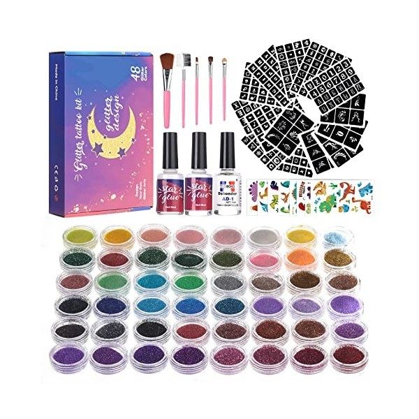 Solong coffret tatouage enfant fille - Kit de tatouage à paillettes- 48 couleurs de paillettes, 318 pochoirs, Maquillage corp