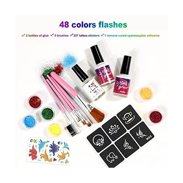 Solong coffret tatouage enfant fille - Kit de tatouage à paillettes- 48 couleurs de paillettes, 318 pochoirs, Maquillage corp