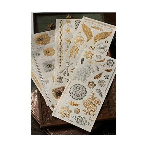 AMACOAM 6 feuilles 70 motifs métal feuille dor chaud autocollant de tatouage argent imperméable longue vente étincelant ​​te