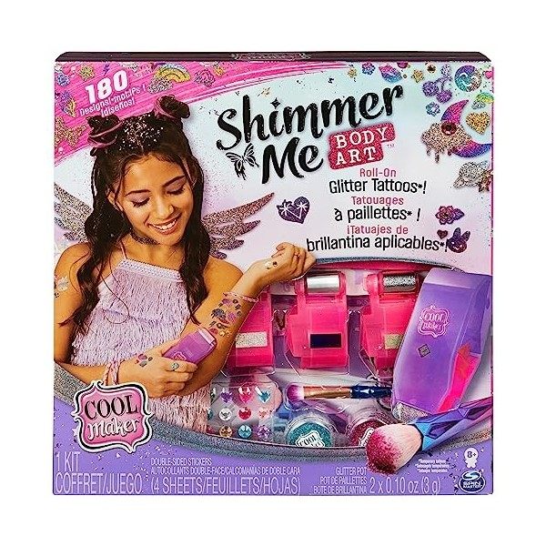 COOL MAKER - SHIMMER ME BODY ART - Coffret Tatouages Éphémères Personnalisables Avec 180 Motifs, Cartouches de Couleur Pincea