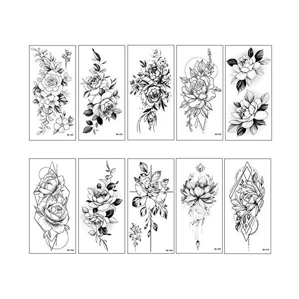 Neoreser Temporaire Tatouages 10 Feuilles, Tatouage Autocollants, Fleurs Noires Tatouage Ephemere Faux Tatouages pour Adultes